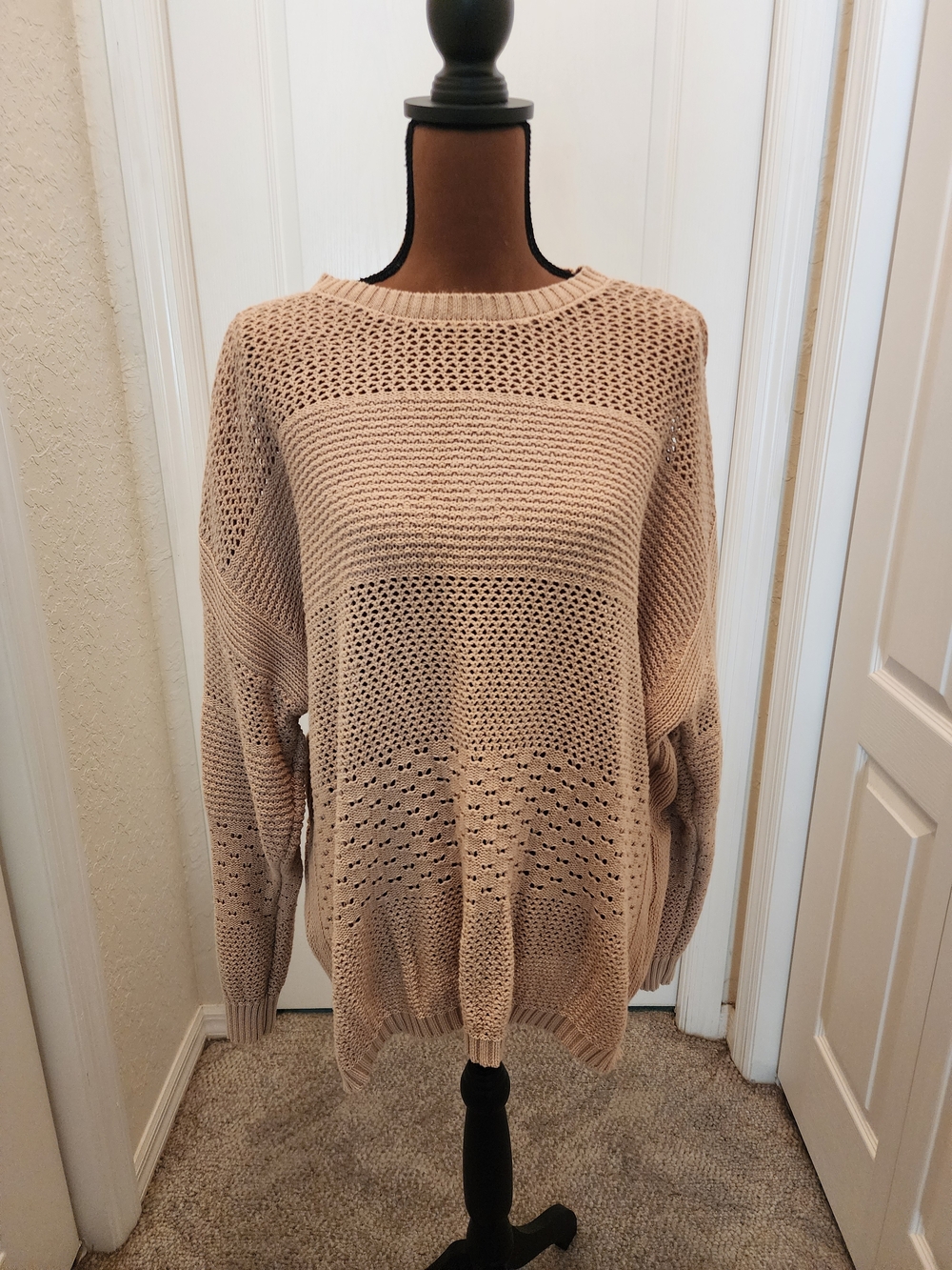 100% Cotton Boho Tomato Girl Tan Open-Knit Textured Crewneck Sweater 2X